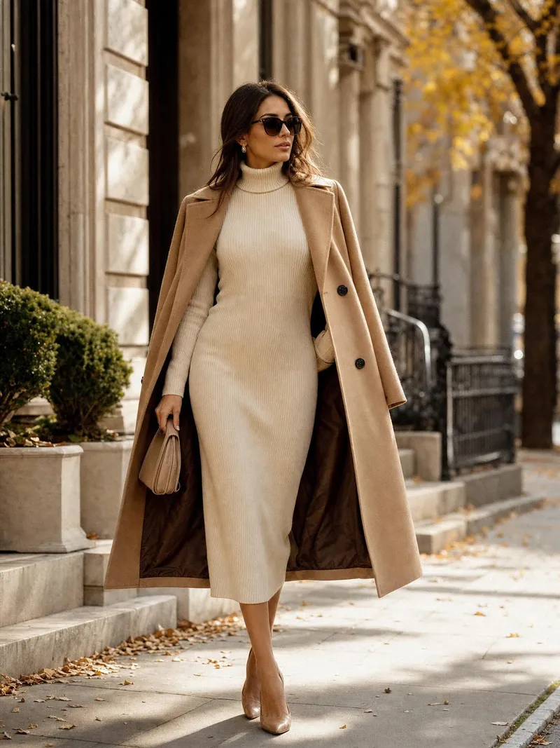 Frau in einem cremefarbenen Rippstrick-Midikleid mit Rollkragen und übergelegtem Camel-Mantel auf einer Herbststraße
