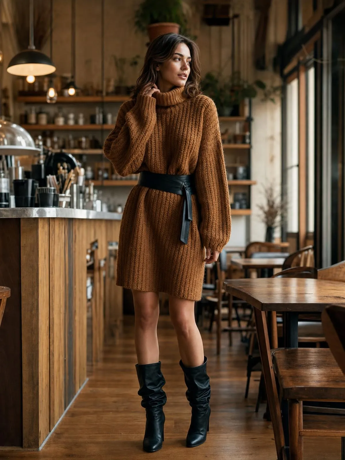 Frau in einem karamellfarbenen Grobstrick-Pulloverkleid mit breitem schwarzen Taillengürtel in einem gemütlichen Café