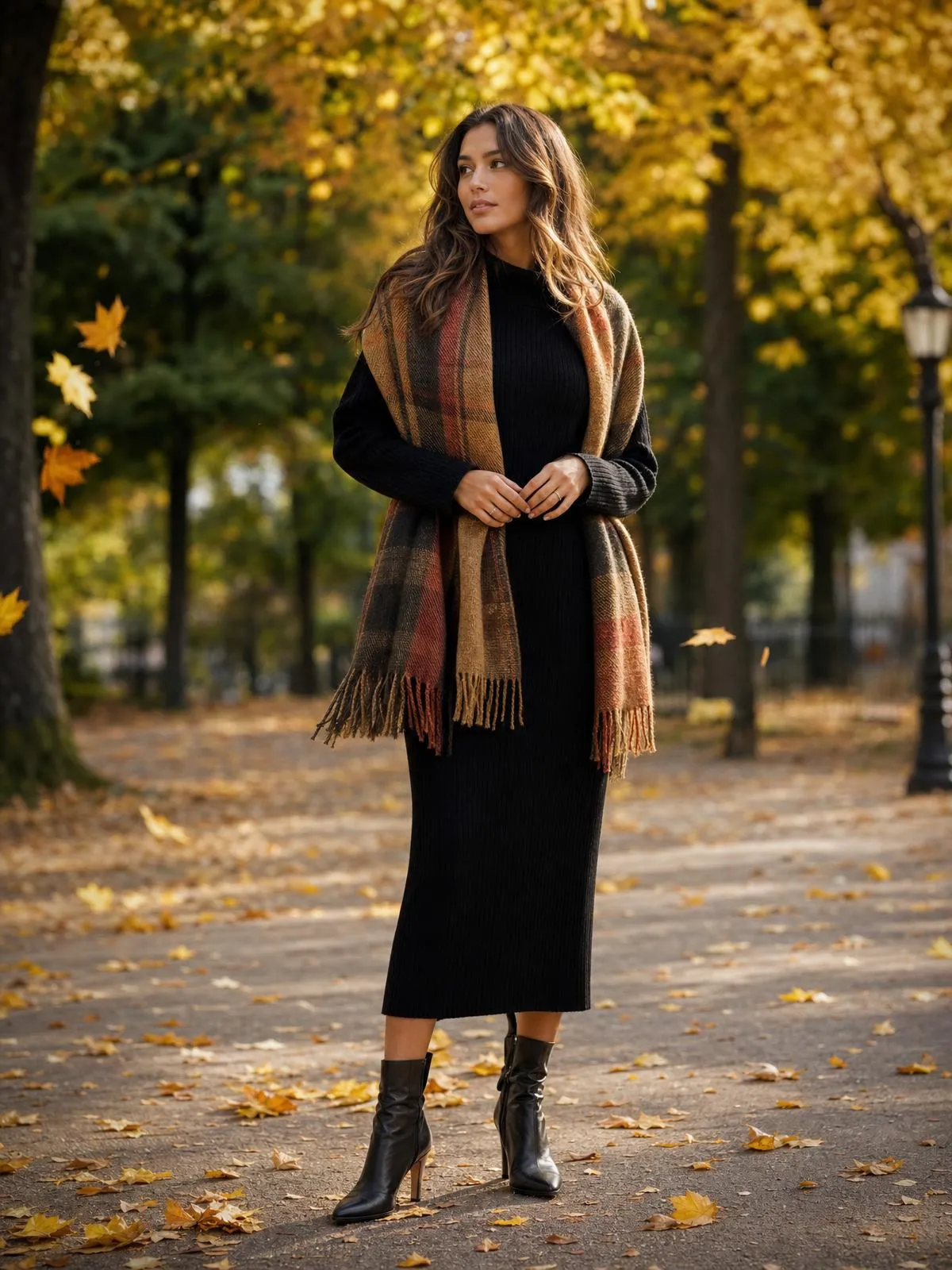 Frau in einem schwarzen Strick-Midikleid mit großem Karo-Wollschal in Herbsttönen in einem Park mit goldenem Laub