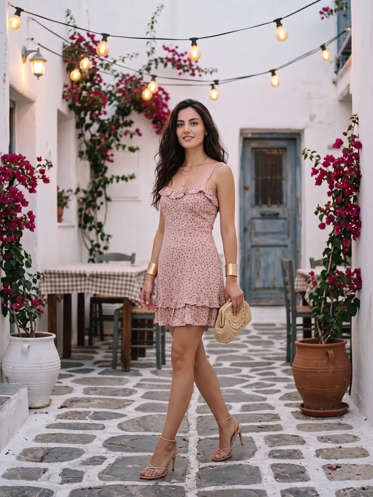 Frau in altrosafarbenem Blumenkleid mit nudefarbenen Sandaletten und Korbclutch in einem Tavernenhof mit Lichterketten