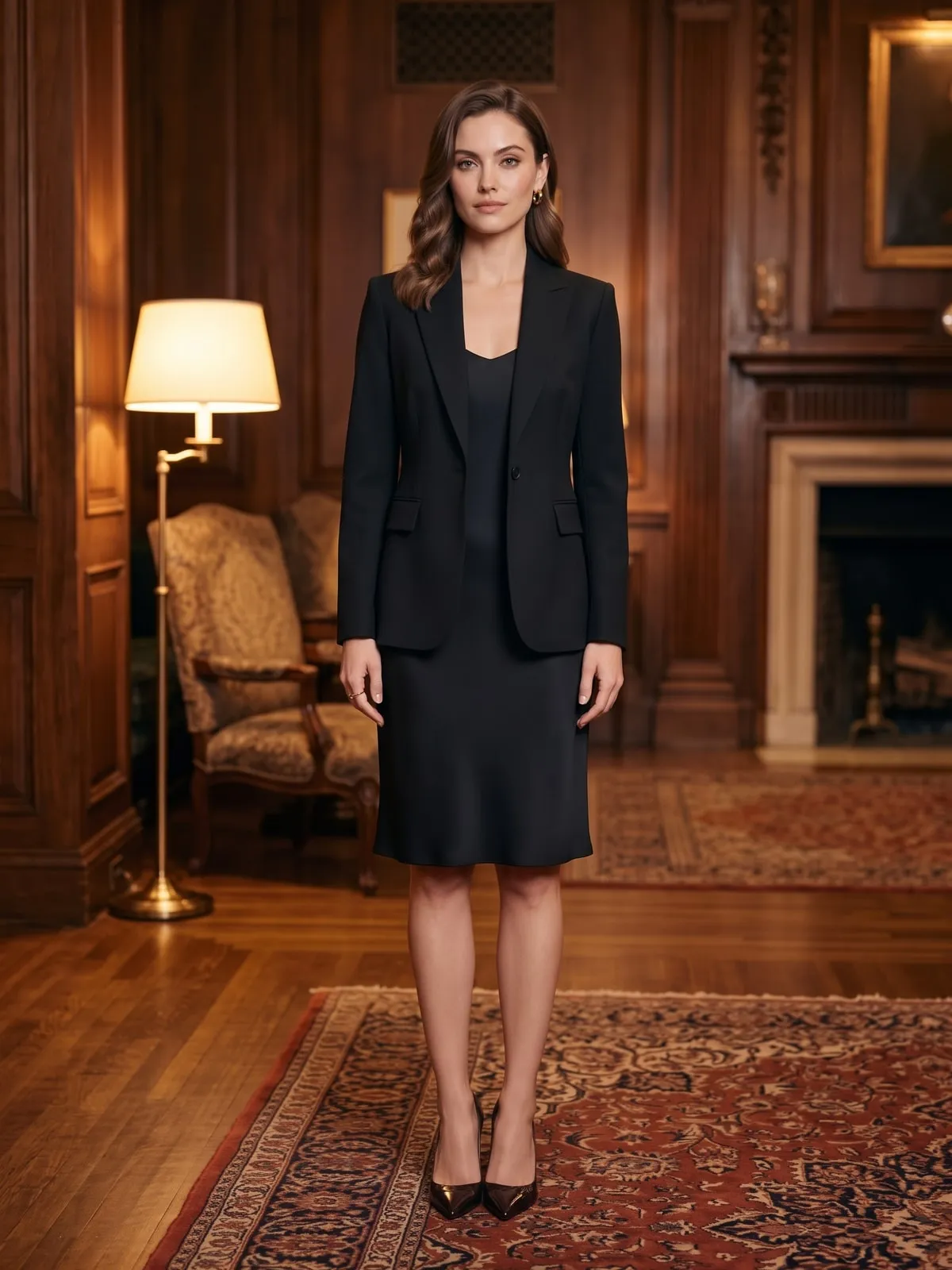 Frau in einem scharf geschnittenen schwarzen Wollblazer über einem schlichten schwarzen Slipkleid am Knie, dazu dunkle spitze Pumps