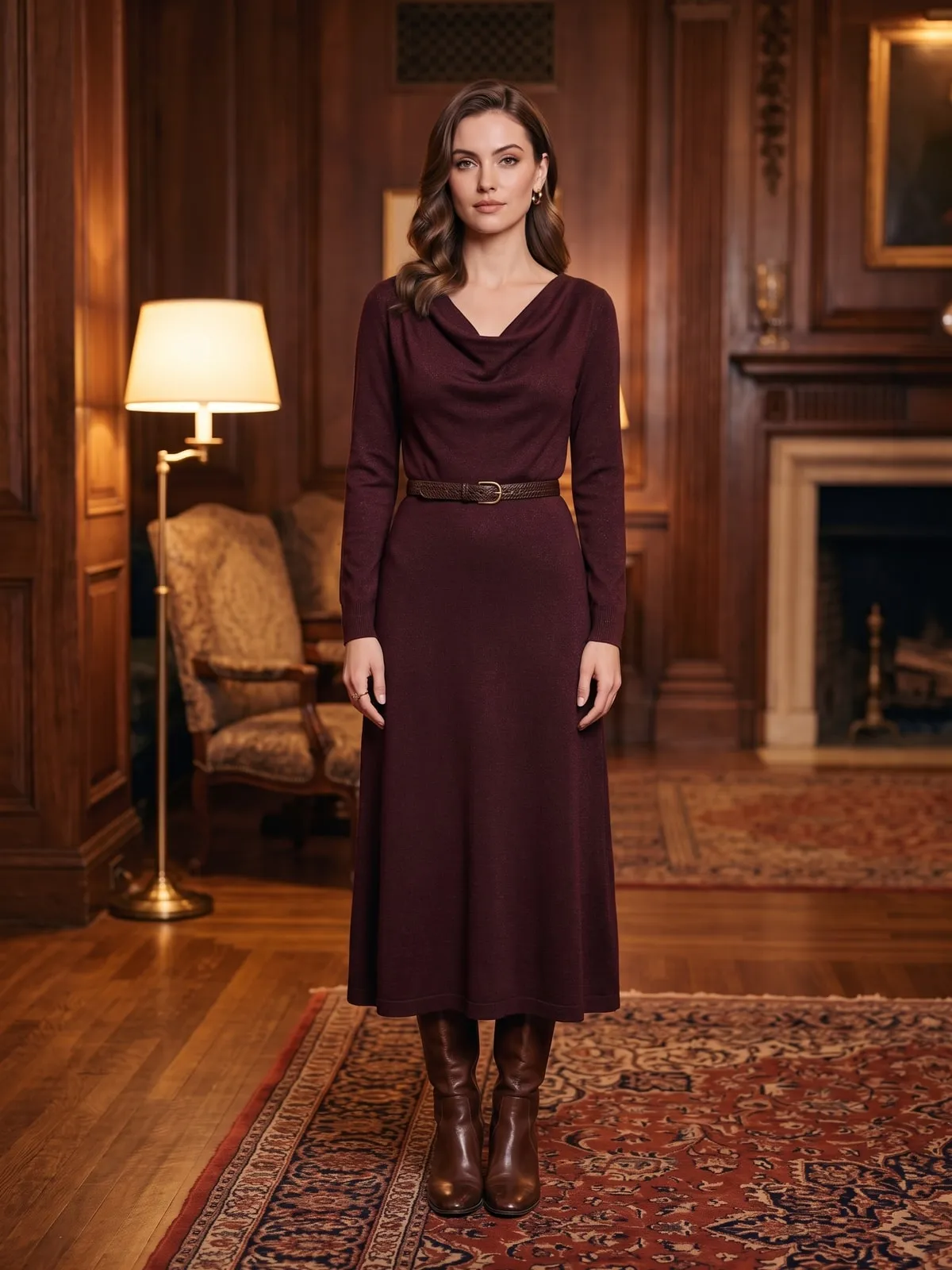 Frau in einem dunkelweinroten Feinstrick-Midikleid mit dezentem Schimmer und schmalem Ledergürtel, dazu dunkelbraune Stiefel