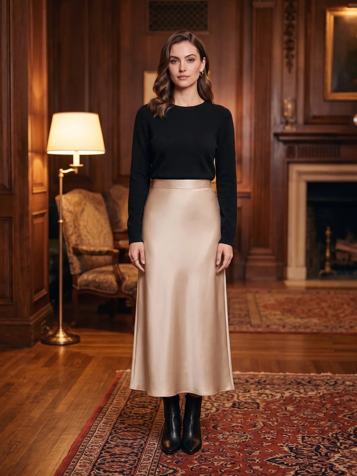 Frau in einem champagnerfarbenen Satin-Midirock mit feinem schwarzem Kaschmirpullover, in den Bund gesteckt, dazu schwarze Stiefel