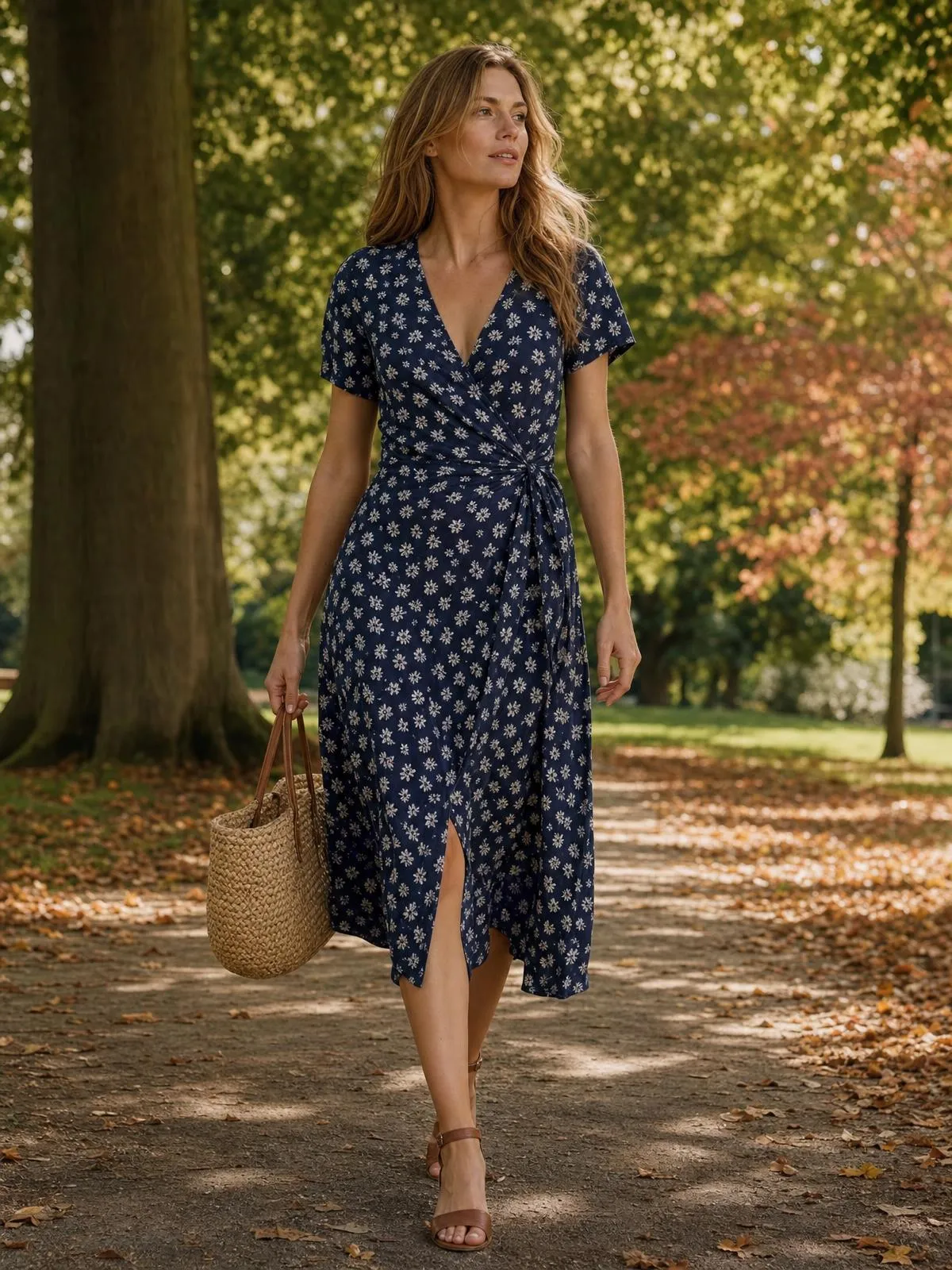 Frau in einem dunkelblauen Wickel-Midikleid mit weißem Millefleurs-Print auf einem Parkweg mit Strohtasche