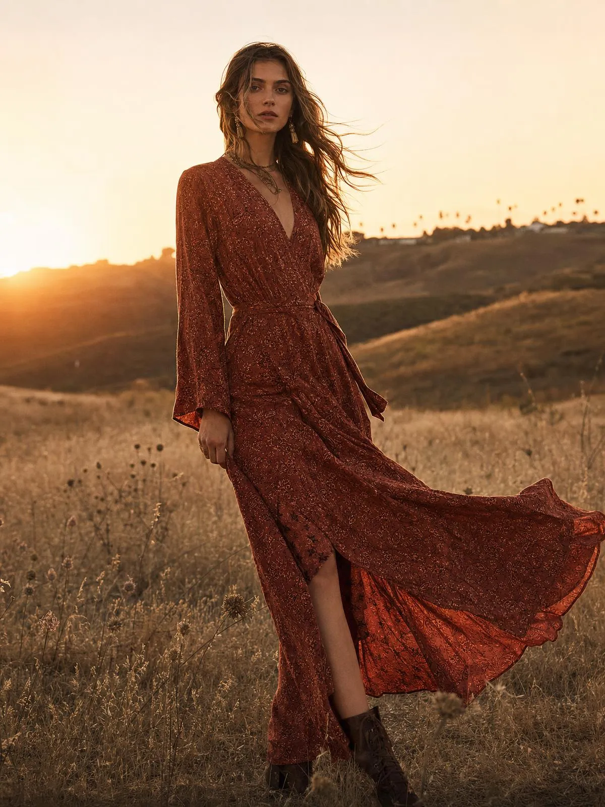 Frau in einem rostroten Boho-Maxi-Wickelkleid in einem goldenen Feld bei Sonnenuntergang