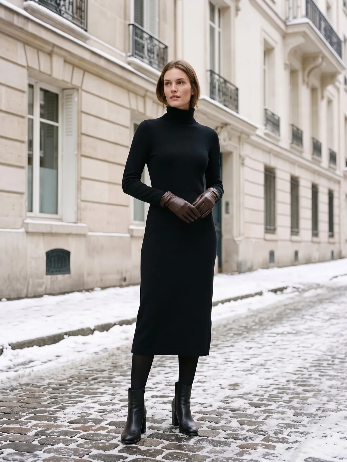 Frau in einem eng anliegenden schwarzen Merino-Rollkragenkleid bis zur Wadenmitte mit blickdichter schwarzer Strumpfhose und schwarzen Stiefeln