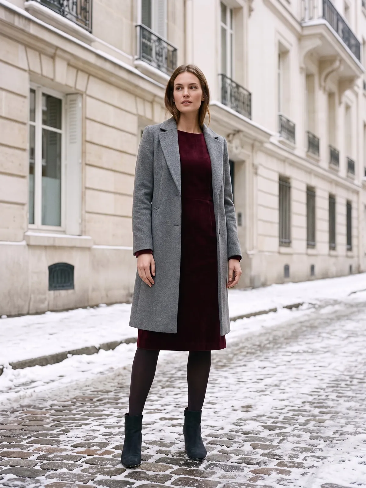 Frau in einem dunkelweinroten Samtkleid mit langen Ärmeln am Knie über blickdichter Strumpfhose, darüber ein offener grauer Wollmantel