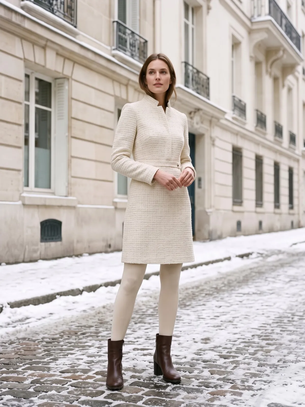 Frau in einem strukturierten cremefarbenen Tweedkleid knapp über dem Knie mit dicker cremefarbener Strumpfhose und dunkelbraunen Stiefeletten